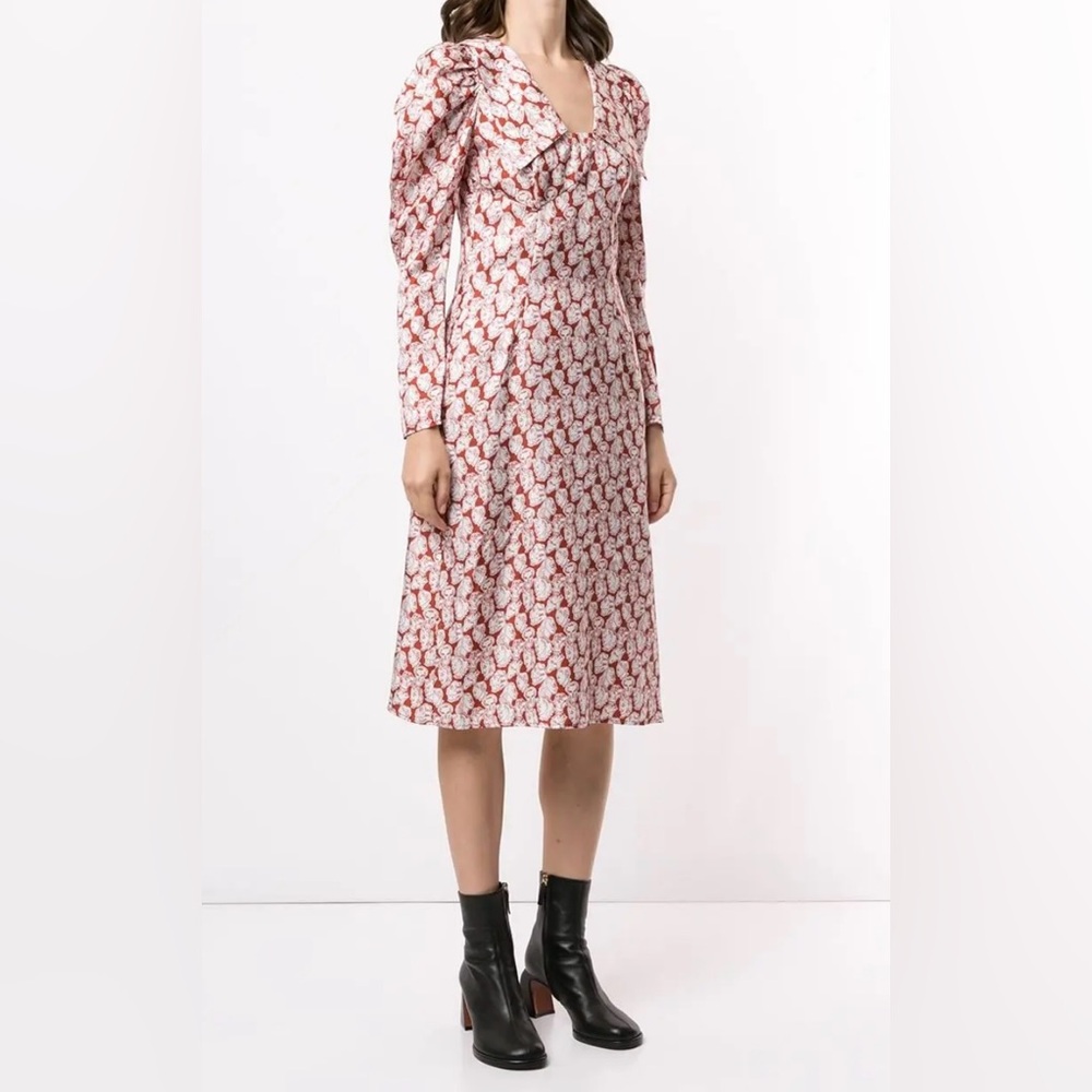 Shrimps Silk Midi Dress with Puff Sleeves and Collar